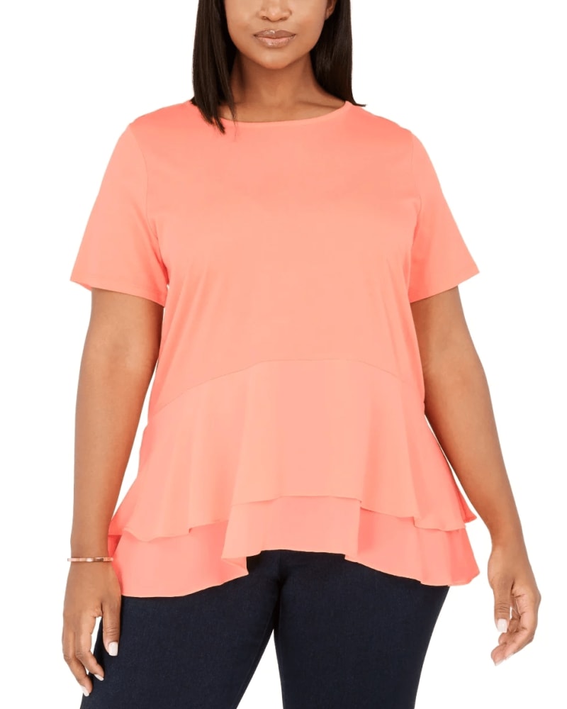 Front of a model wearing a size 2X Michael Kors Women's Plus Size Layered Look Top Pink Size 2X in Pink by Michael Kors. | dia_product_style_image_id:311273
